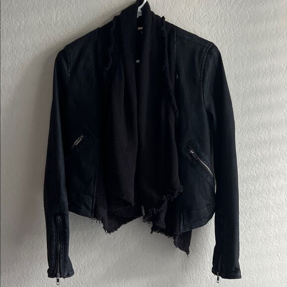 NWOT Free People Front Draped Coated Denim Moto Jacket Black size 2 - Picture 2 of 14